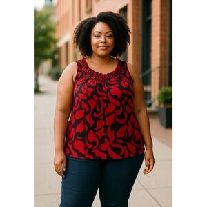 Lane Bryant Red Black Print‎ Ruffle Neck Sleeveless Tank Top Plus Size 18/20W